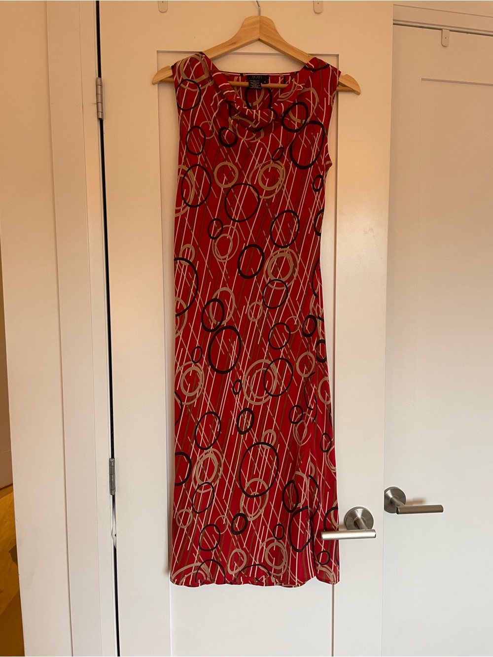 BCBG Red Patterned Sleeveless Maxi Dress with Black and Cream Circles